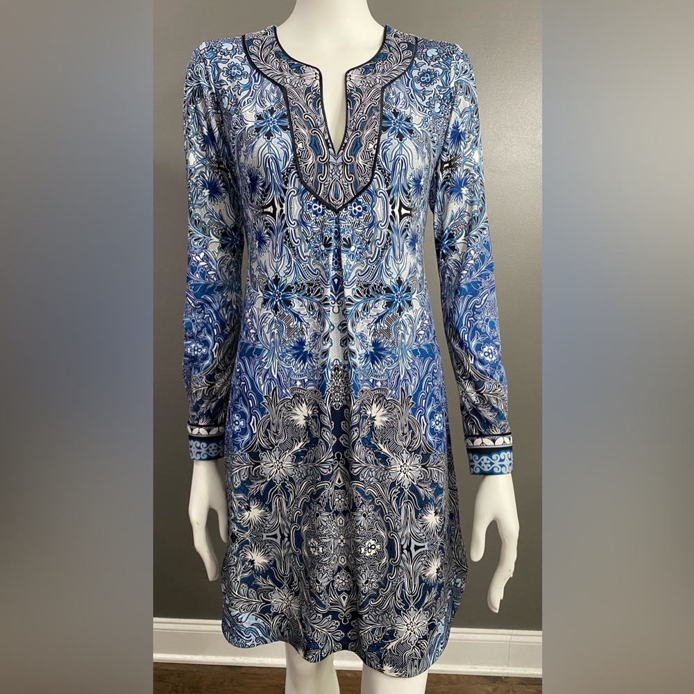 Hale Bob Blue & White Long Sleeve Printed Tunic Dress